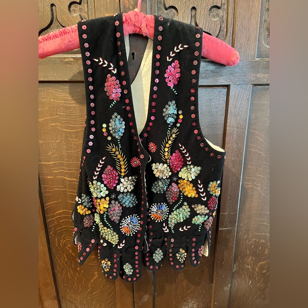 Gorgeous vintage black velvet sequined corset vest. One of a kind. Dramatic cool